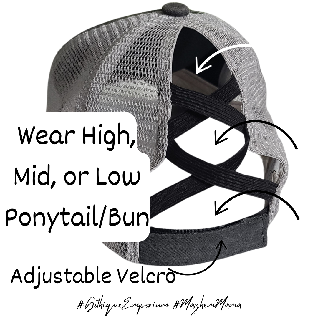 High Ponytail Hat - Mayhem Mama (Trucker Distressed Gray Women's Hat)