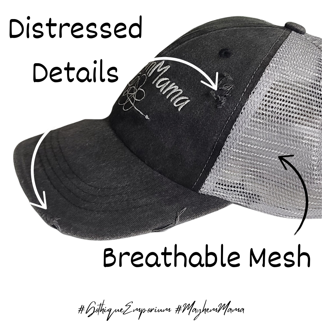 High Ponytail Hat - Mayhem Mama (Trucker Distressed Gray Women's Hat)