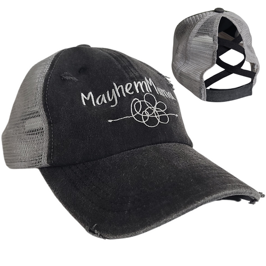 High Ponytail Hat - Mayhem Mama (Trucker Distressed Gray Women's Hat)